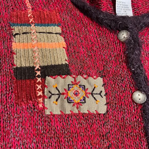 Vintage Granny Cardigan Sweater Burgundy Size 1X Embroidered Patchwork Fur Trim - Picture 4 of 10